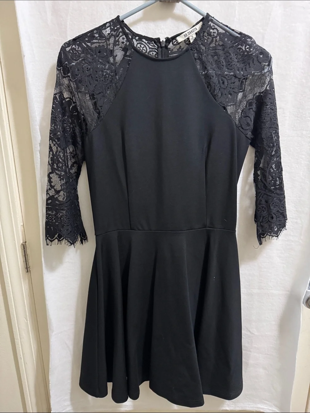 BB Dakota Black Lace Sleeve Fit-and-Flare Dress